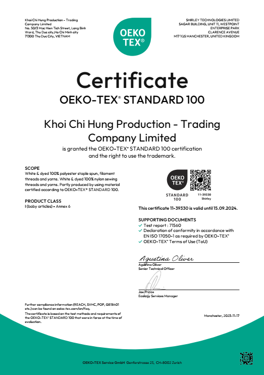 CERTIFICATE OF OEKO TEX 100 CLASS 1